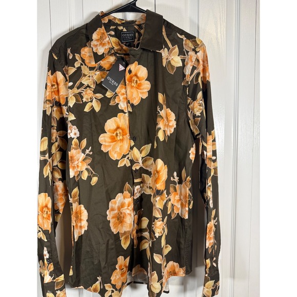 GUESS Men's Slim Fit Button Up Shirt Large Black Orange Floral Long Sleeve NWT - Picture 1 of 4